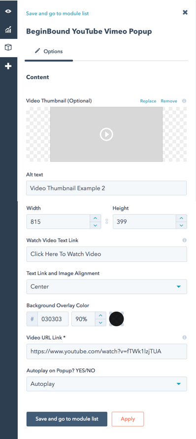 Video Popup Hubspot Editor Options